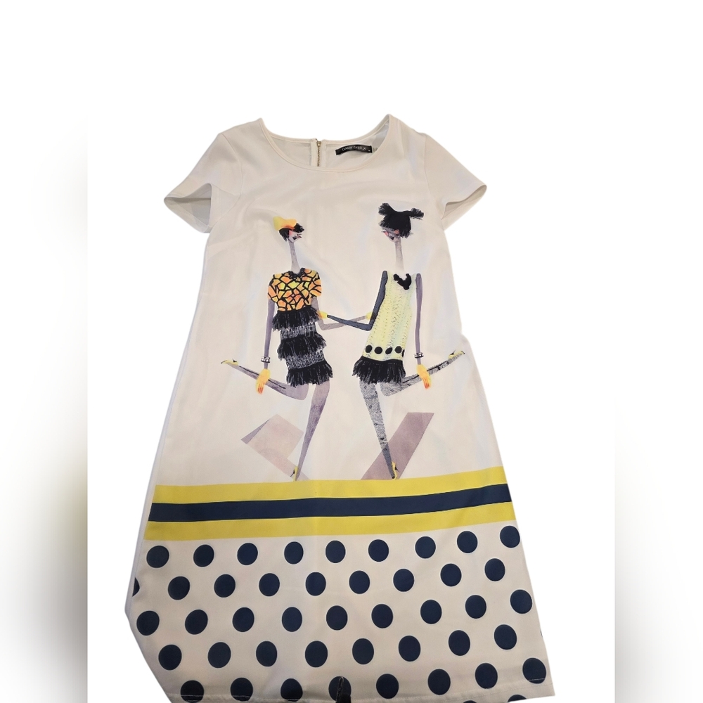🧡Gabby Isabella Shift Dress Fits Bigger XS Polka Dot Retro Mod Art Print